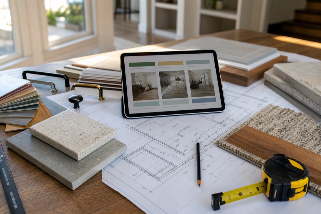 Contractor estimate desk with drawings, samples, and planning materials