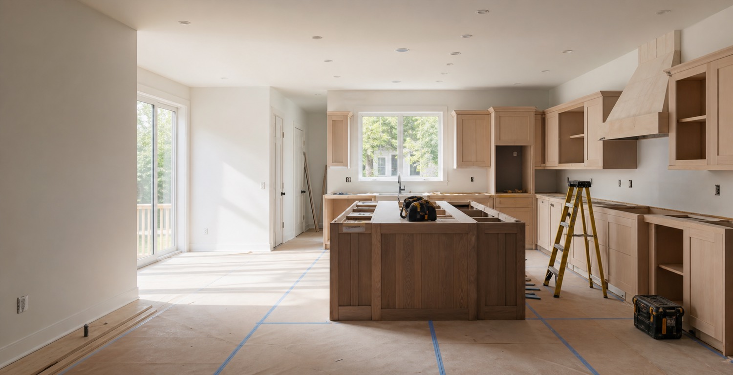 Organized residential kitchen renovation worksite with cabinetry and protective floor covering